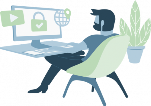 expressvpn general illustration. A man using a VPN on his laptop while sitting on a chair