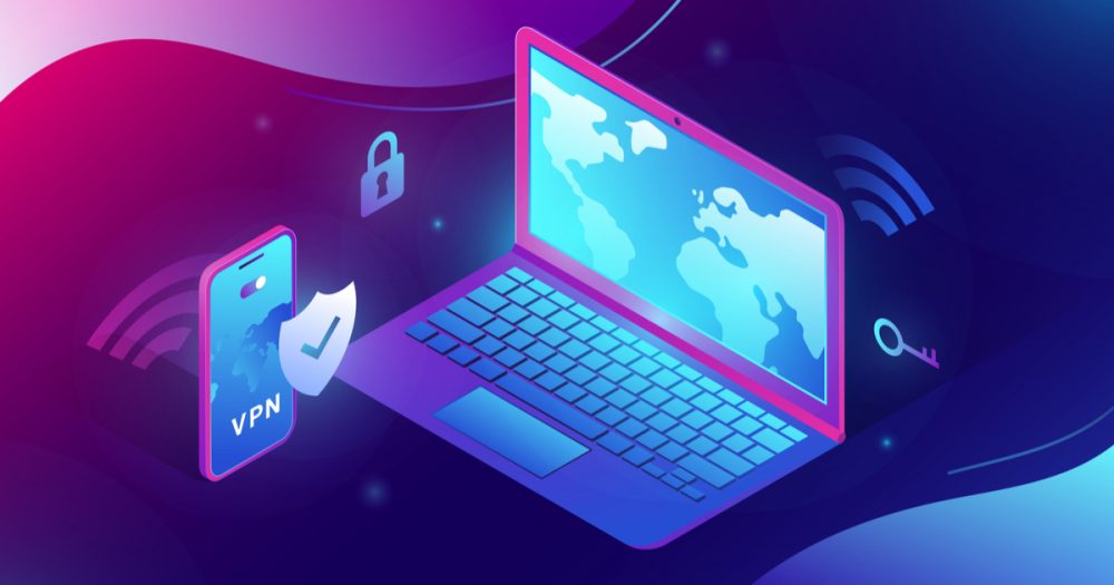 Trendy isometric 3d illustration of vpn security software for computers and smartphones
