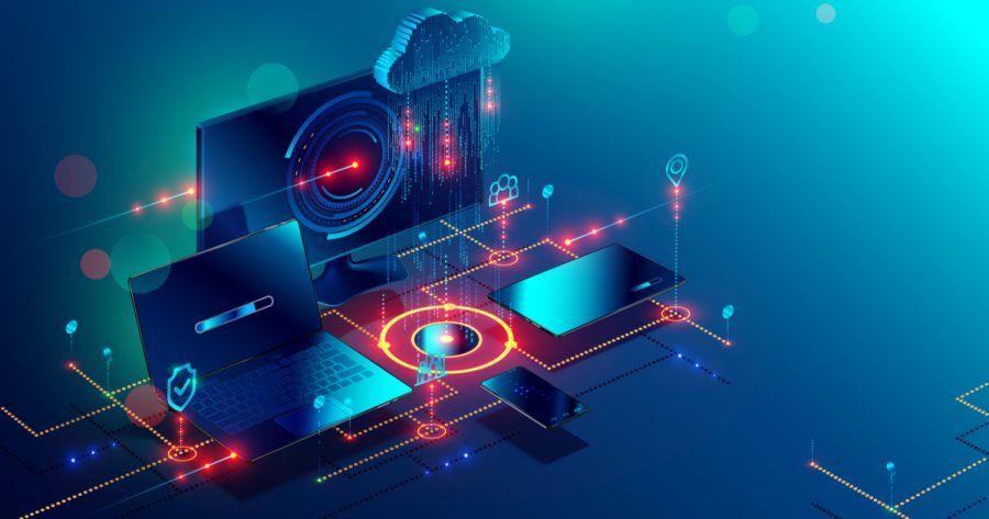 Cloud storage communication with computer, laptop, tablet and smartphone in home or work network. Online devices upload, download information, data in database on cloud services. Isometric concept.