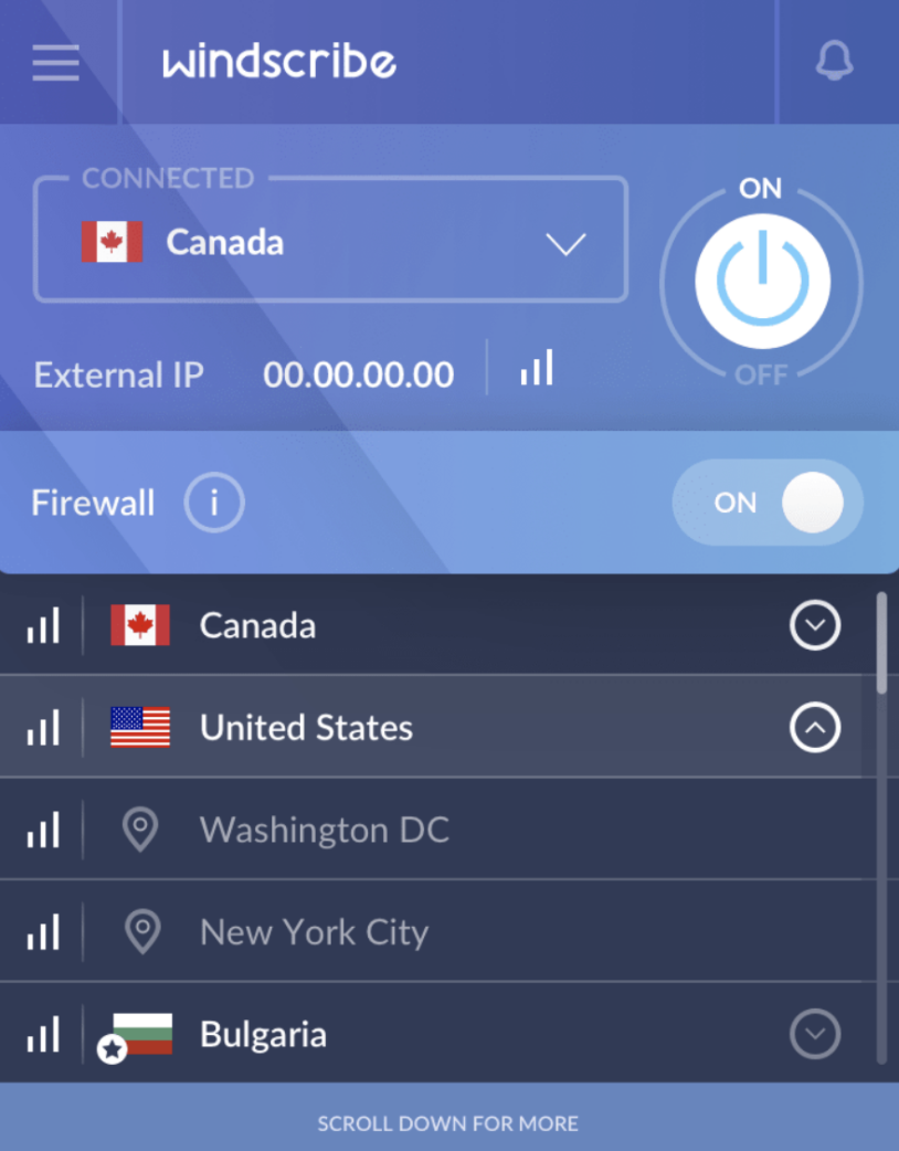 windscribe android app dashboard with servers